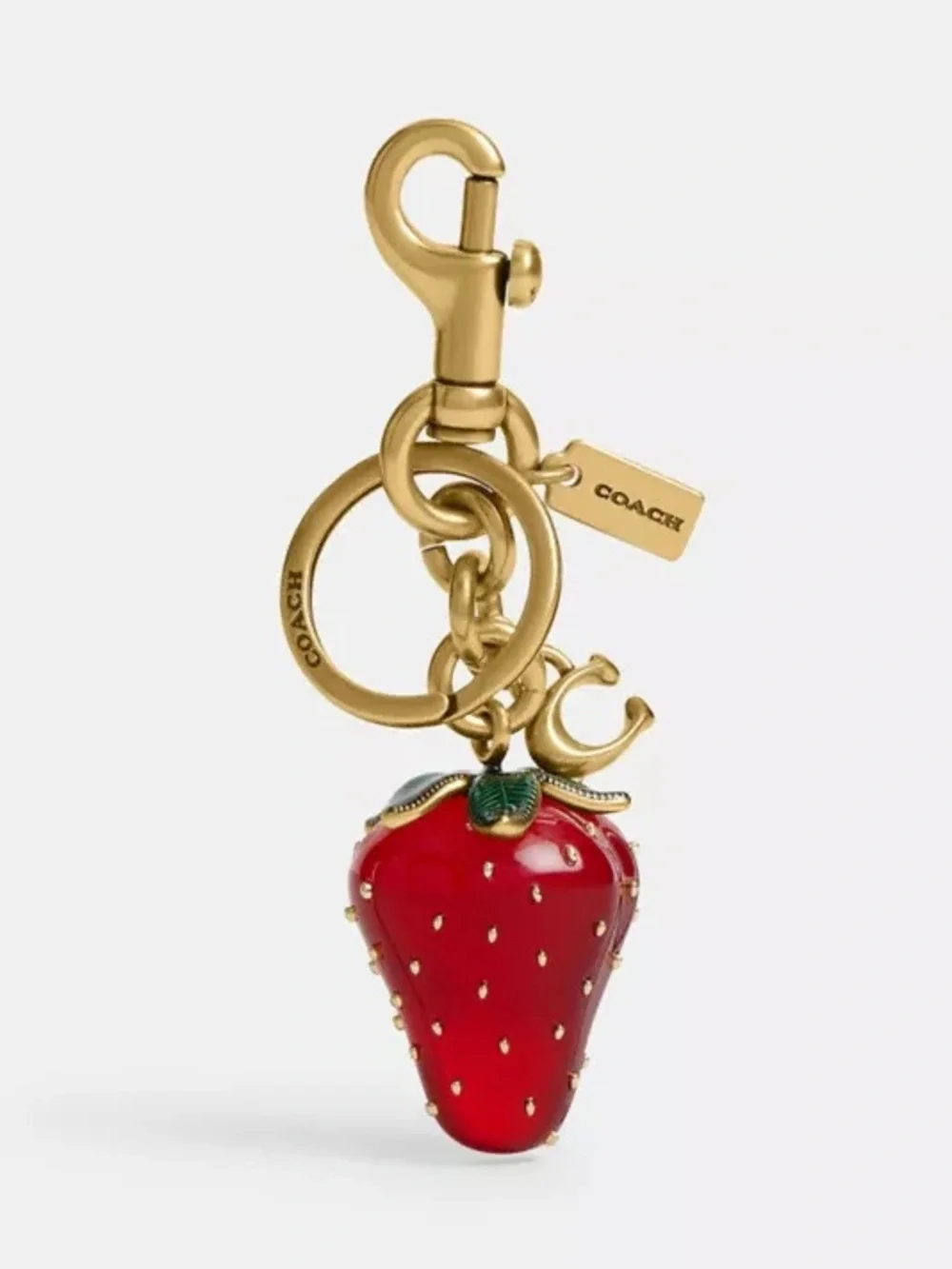 COACH Gold-Tone Strawberry Charm Key Ring with Red Enamel